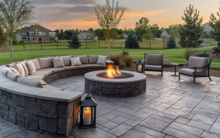 Charming outdoor patio space with curved built-in stone seating bench, fireplace and stone stencil styled concrete floor.